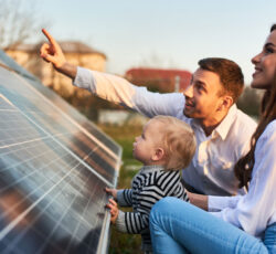 Man,shows,his,family,the,solar,panels,on,the,plot